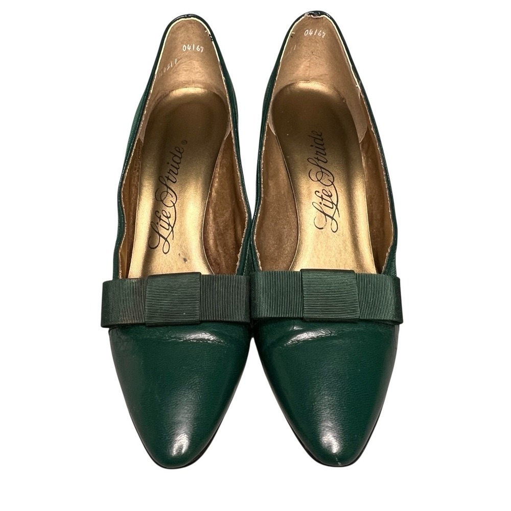 Vintage Life Stride Green Pumps Womens 7 Bow Leather 3" Heel Dress Shoes Costume